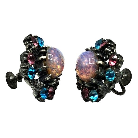 Vintage Coro EarrScrewback Rhinestone & Cabochon Earrings With Blue & Pink Stone - Picture 3 of 7
